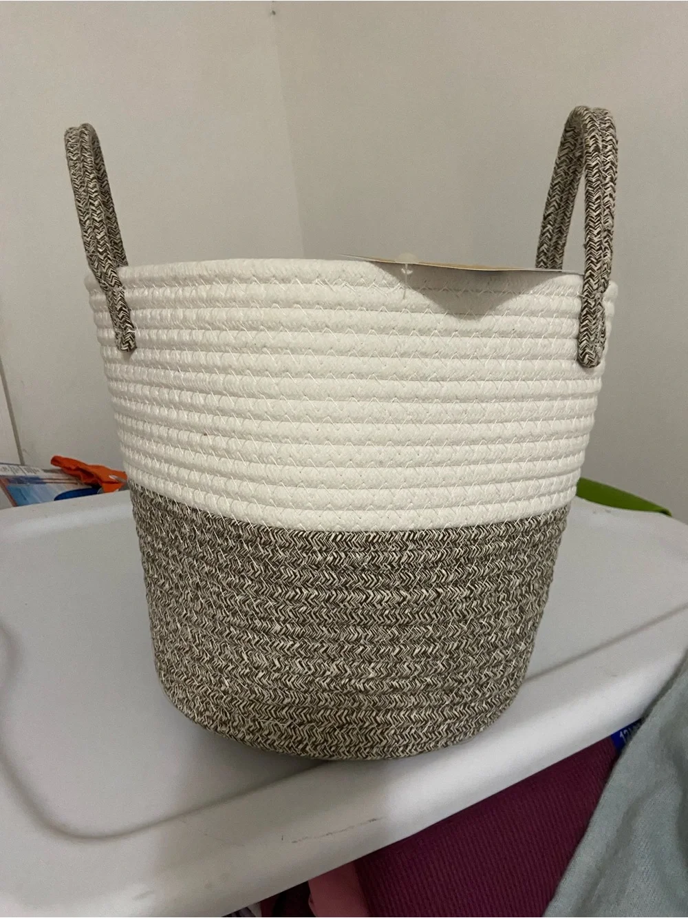 Two-Tone Woven Rope Plant Basket with plastic inner & Handles 10 X 10 X 9 “H